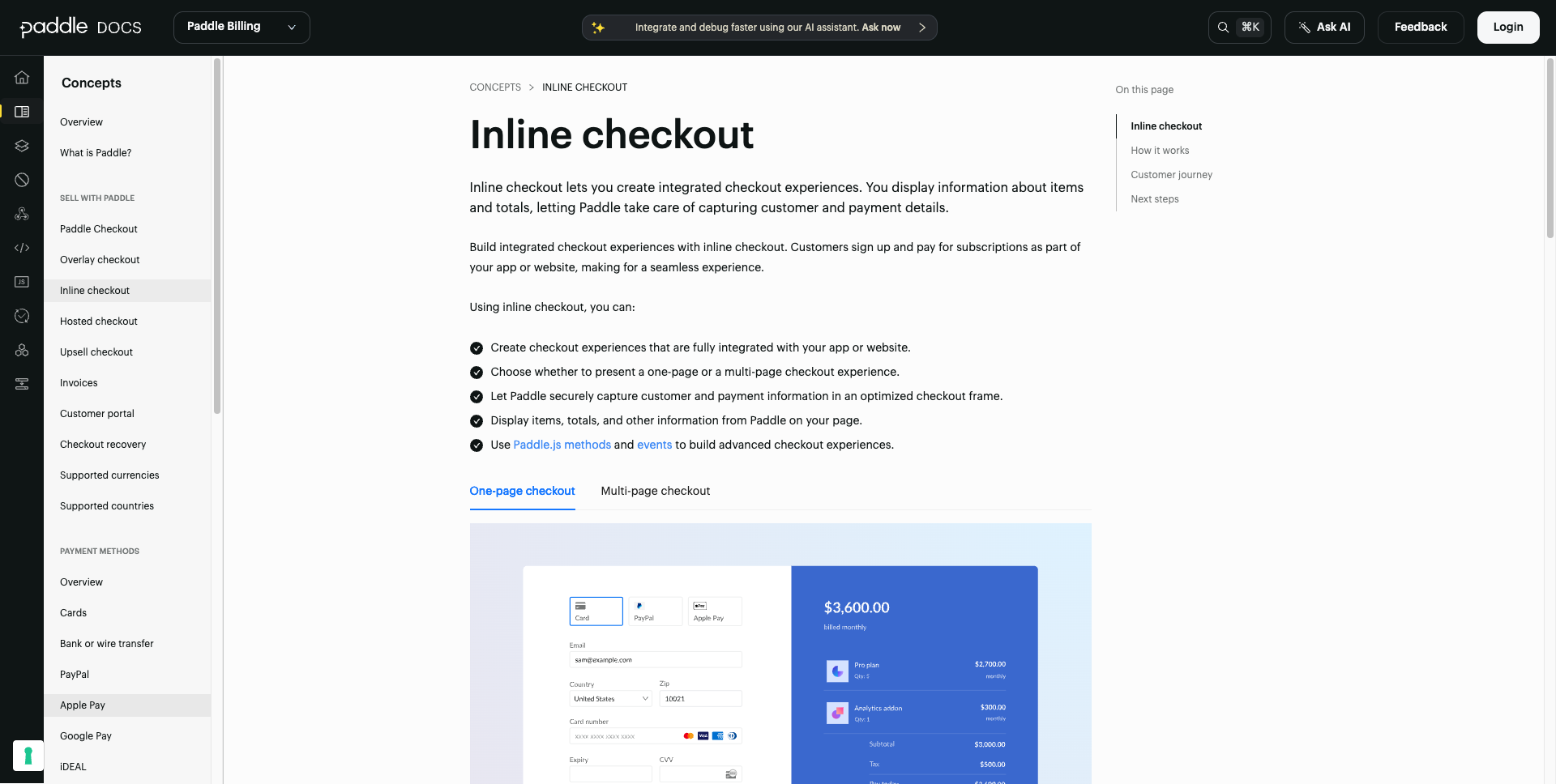 Paddle 개발자 문서 — Inline Checkout 개념 설명 (원페이지·멀티페이지 선택, Paddle.js 이벤트 활용)