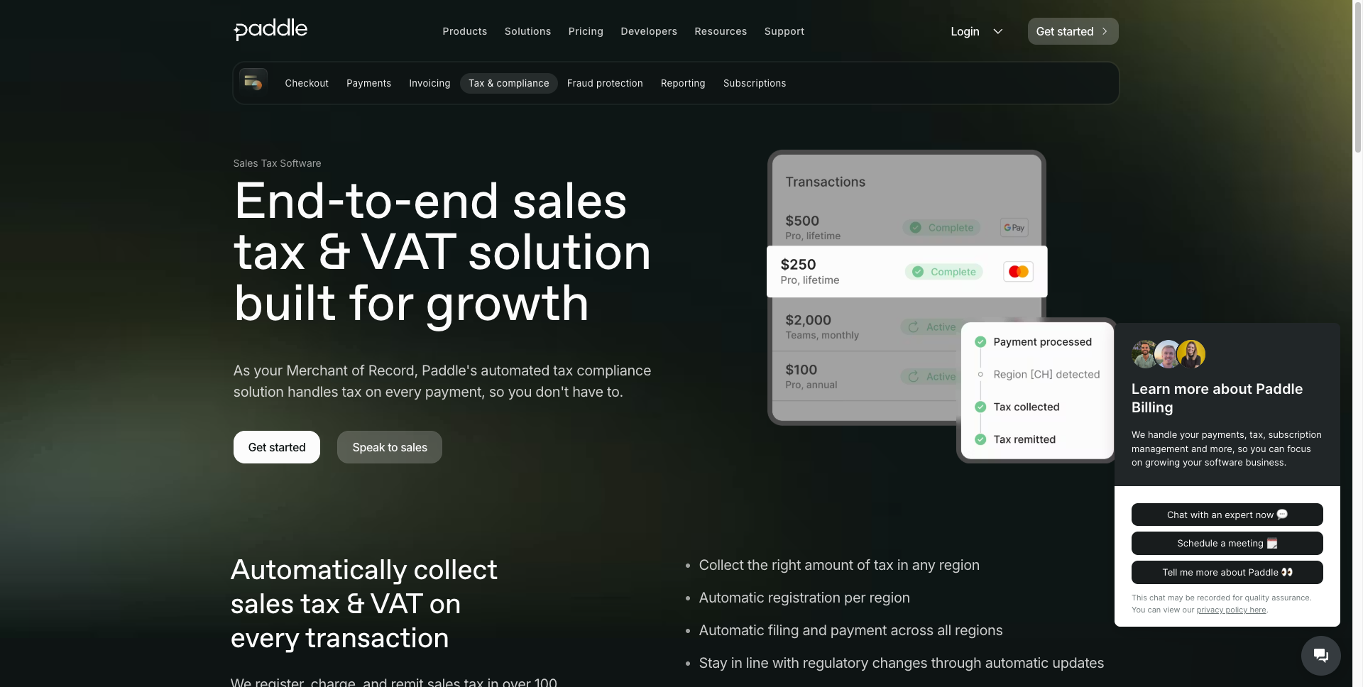 Paddle Sales Tax & VAT 자동화 — Payment processed, Tax collected, Tax remitted 플로우