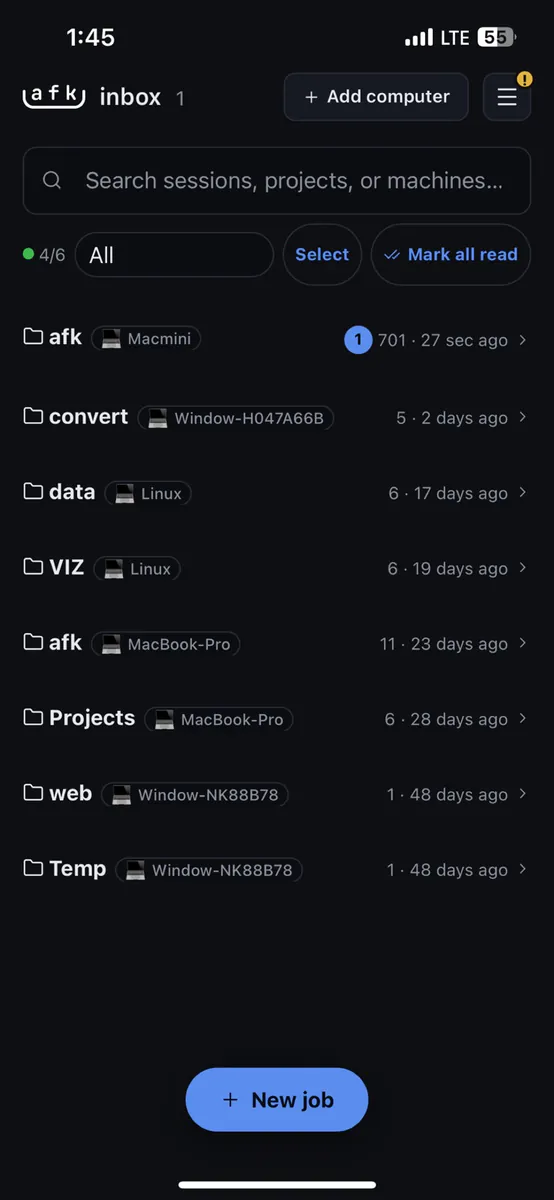 afk — AI Coding Agent Remote App Store 공개 화면 1