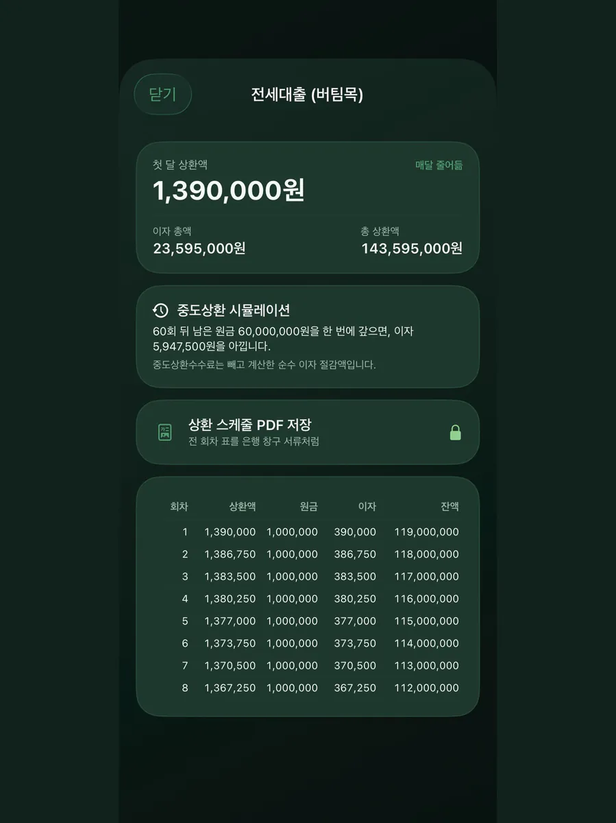 상환표 - 대출 원리금 계산 App Store 공개 화면 5
