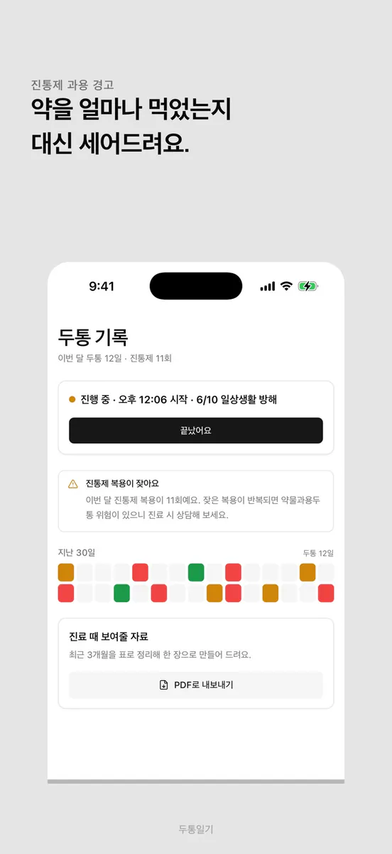 두통일기 - 편두통,두통기록,두통달력,진통제,머리아픔 App Store 공개 화면 3