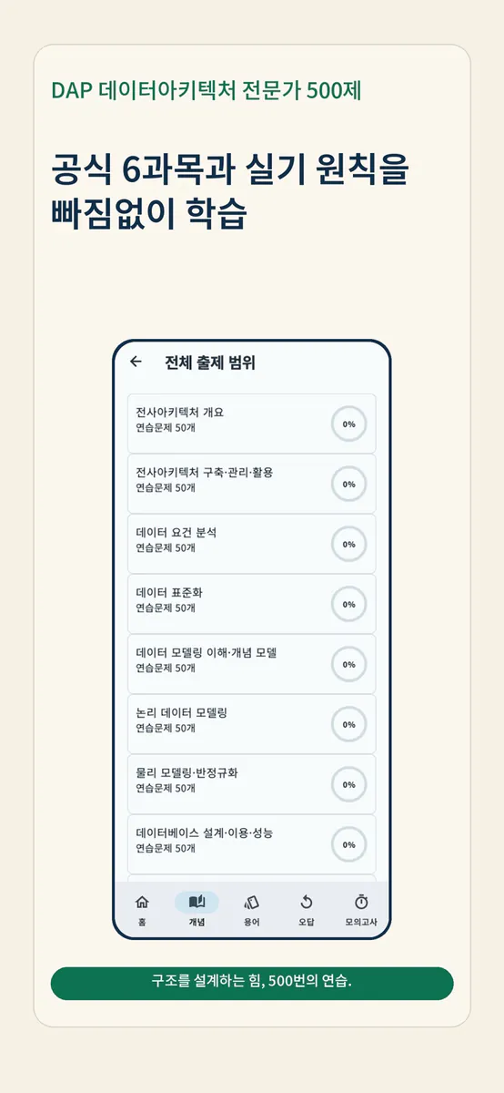 DAP 데이터아키텍처 전문가 500제 App Store 공개 화면 1